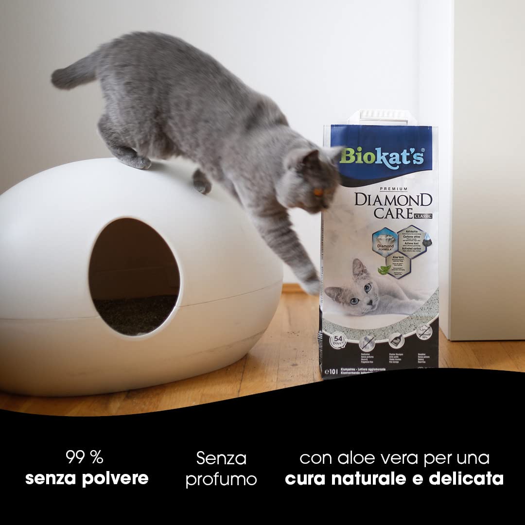 Biokat's Diamond Care Classic senza profumo, Lettiera per gatti a grana fine con carbone attivo e aloe vera, 1 Sacco, 1 x 10 L