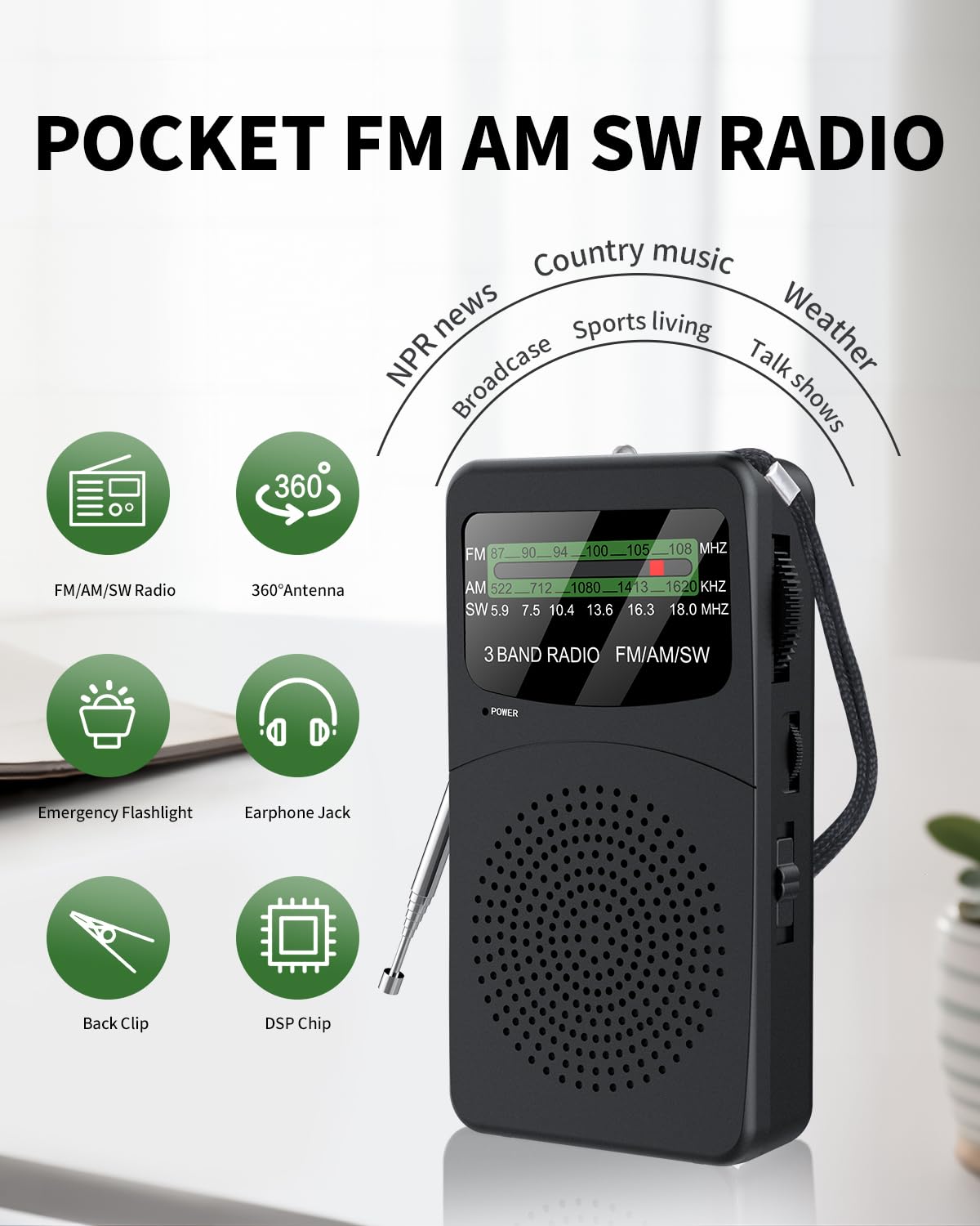 Portable AM FM SW 3 Band Pocket Radio Battery Powered Traditional