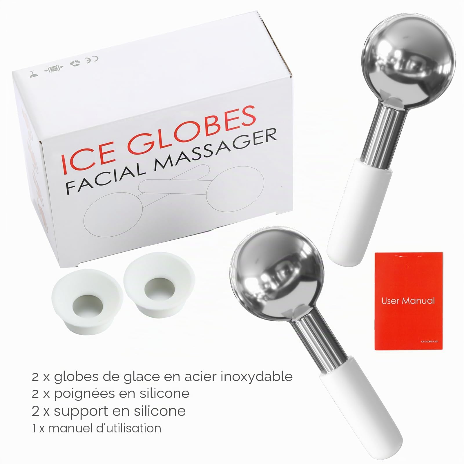 Glaçons incassables en acier inoxydable pour le visage, le cou et les yeux, bâtons cryogéniques pour soins de la peau, ciblent les cernes, les poches, les rides et les productions de collagène, blanc