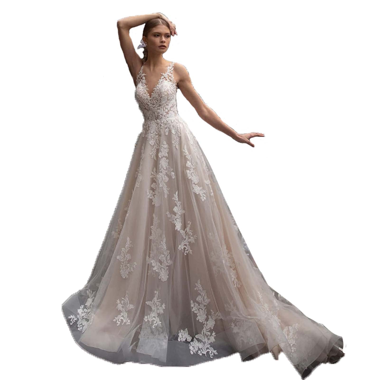 Robe de Mariée, Dentelle de Mariée Application Robe de Mariée sans Dos Robe de Soirée Demoiselle d'honneur, Blanc, 16