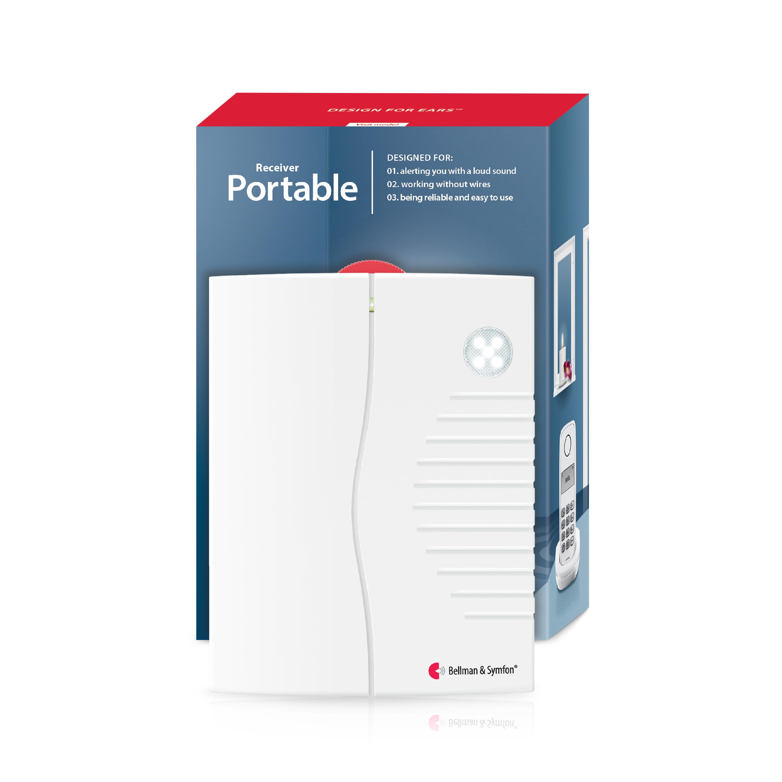 Bellman & Symfon Portable Receiver - Visit Smart Home System Component - Deaf Alert Hearing Impaired Alarm Device - Alert with Colored LEDs and Adjustable Loud Sound Up to 90dB, Battery Powered