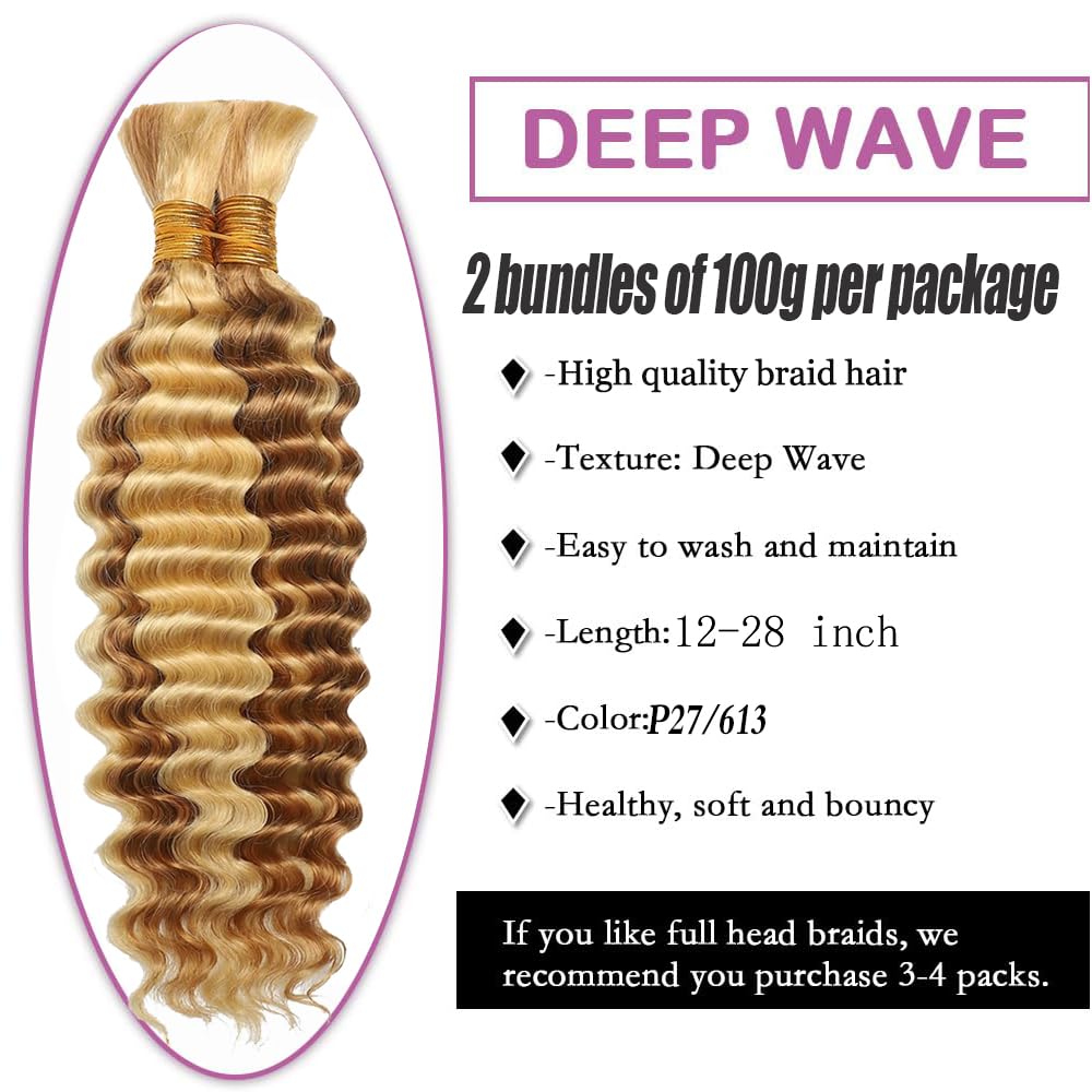 Gsoroel P27/613 Highlight Blonde Boho Braids Human Hair Extensions Honey Blonde Unprocessed Deep Wave Weave 2 Bundles Total 100g No Weft Human Braiding Hair For Women 18 18 Inch - Image 3