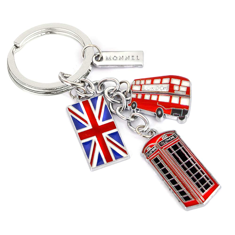 MONNELNew Red London Bus Flag Phone Box Metal Charms Keychain with Velvet Bag Z148-E