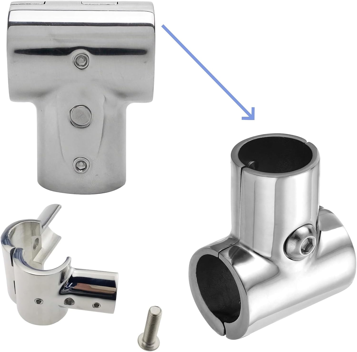 90° T Pipe Clamp Boat Rail Fitting 316 Stainless Steel Heavy Duty Hinged Split Connector for 1 Inch 25.4mm Marine Handrail Tubing Yacht Deck