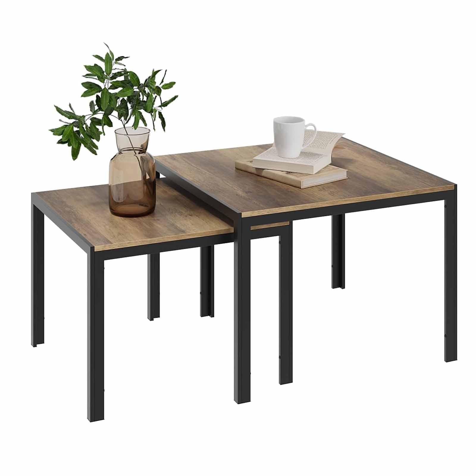 SXZenSpace Nesting Coffee Table Set of 2, Square Modern Stacking with Wood Finish, Industrial End Side Tables for Living Room Bedroom Balcony Yard Oak