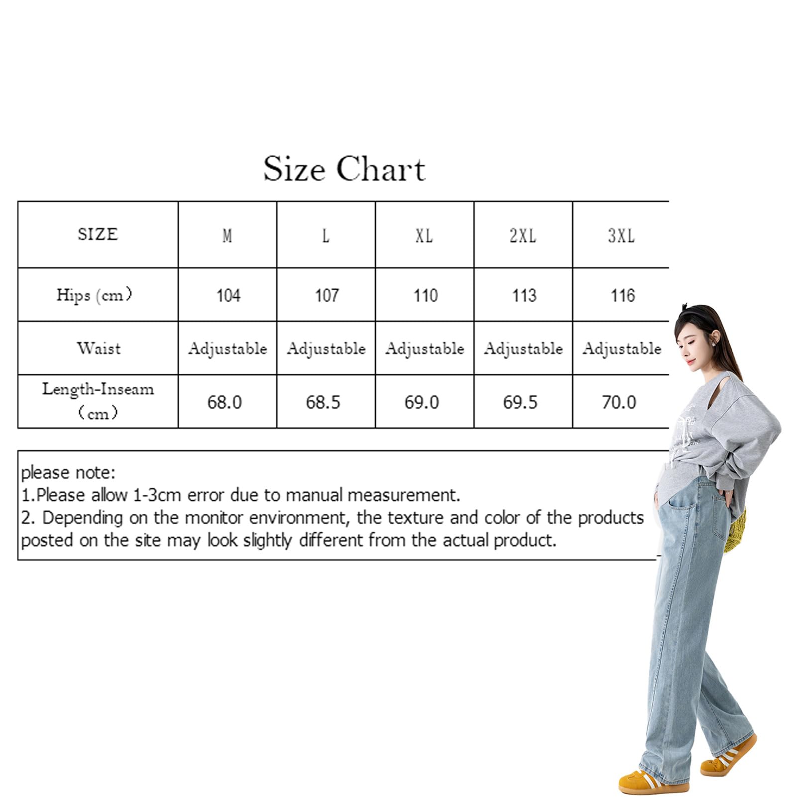 Jean pour femme enceinte avant et après l'accouchement : coupe large étroite, coupe ample, denim doux avec bande de réglage - pour les femmes de moins de 170 cm, avec poches pratiques