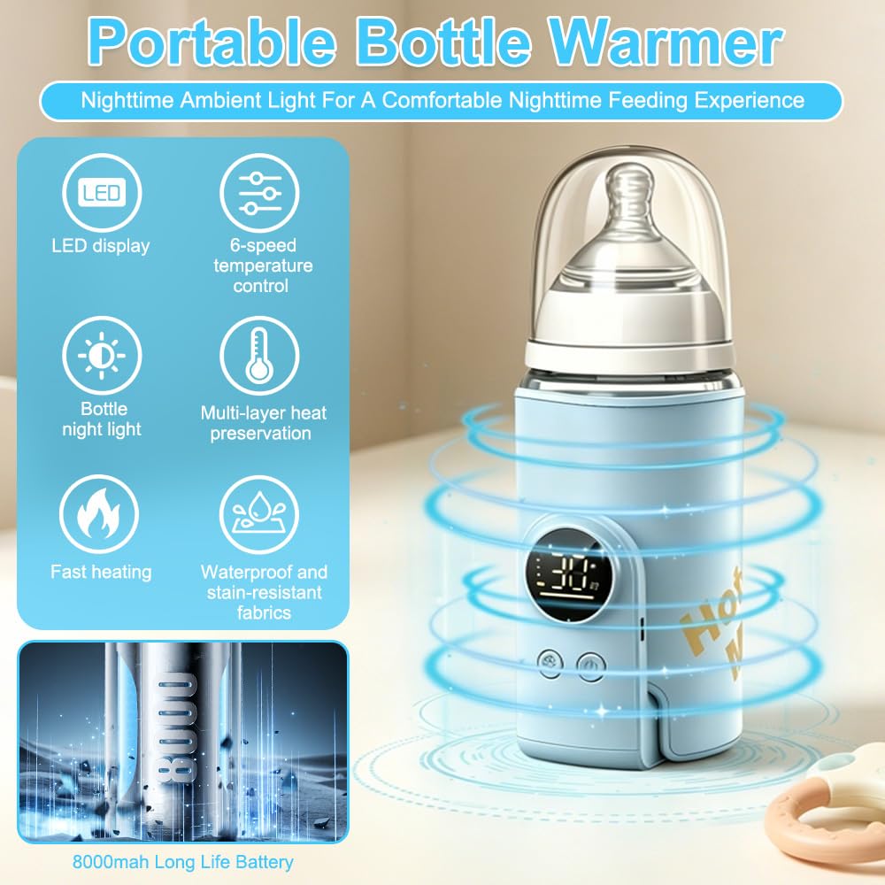 Chauffe Biberon Portable, Chauffe Biberon Nomade avec Écran LCD 6 Niveaux De Réglage Réchauffeur de Biberon 8000mAh Chauffe-biberons USB Sans Fil pour Maison, Extérieur, Voyage (Bleu)