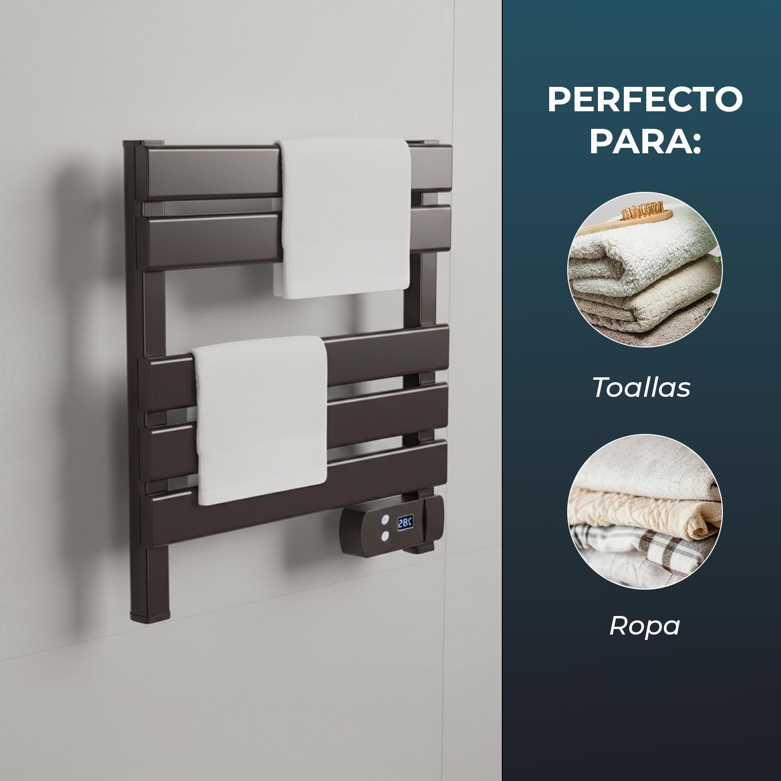 YOEVU | Toallero eléctrico | 150W, Aleación de Aluminio, 55,5x5,5x52,7cm | Pantalla LCD táctil, Temporizador programable, bajo Consumo | Secado eficiente y Ahorro energético | Negro