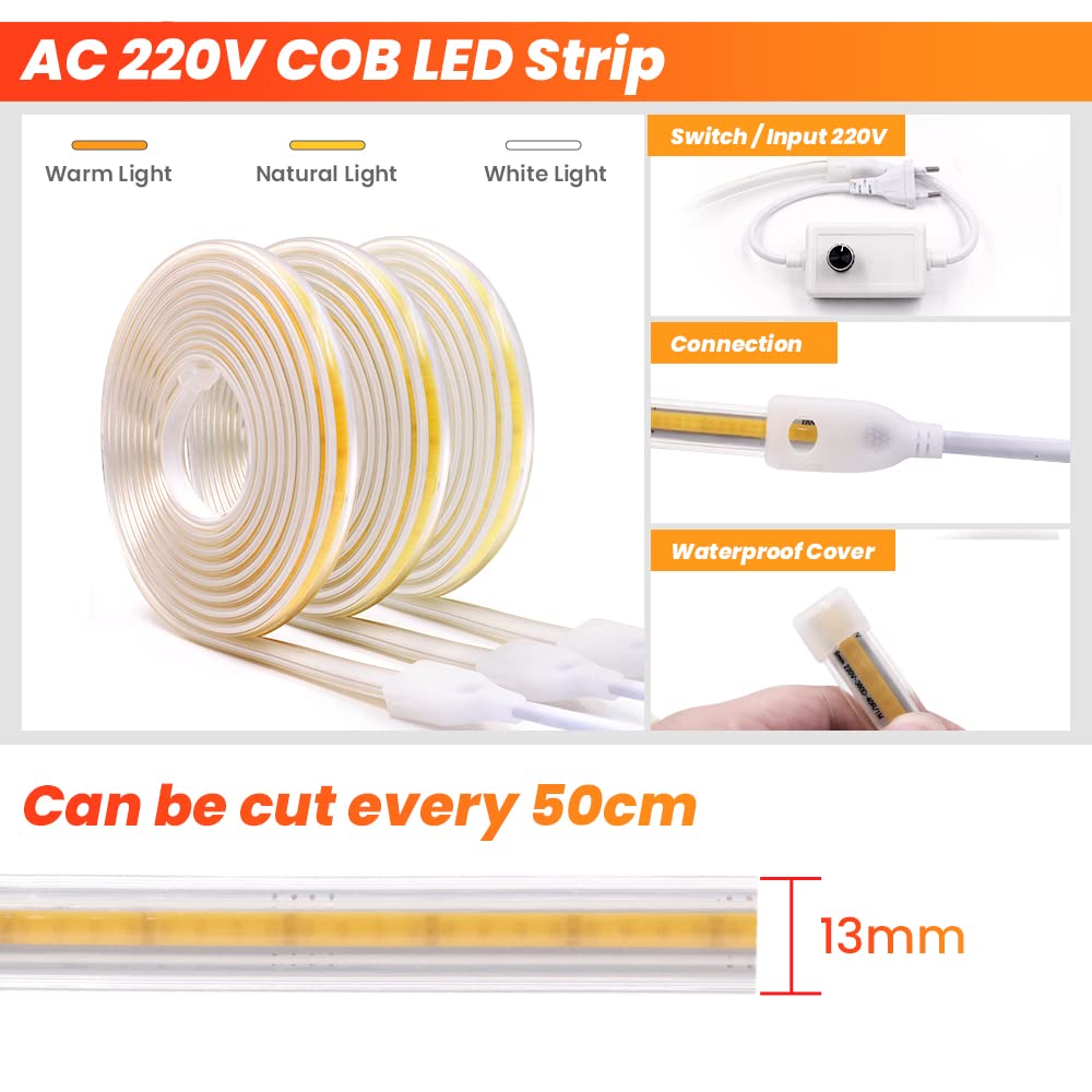 KISUFU DC 220V COB flexible LED bande lumineuse ip65 imperméable à l'eau super lumineux dimmable LED bande lumineuse haute luminosité 360 LED/M LED avec cordon d'alimentation. 10m, Blanc chaud.