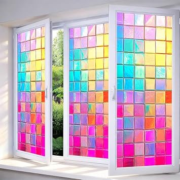 Window Privacy Film Iridescent Stained Glass Window Film Decorative | Static Cling Non Adhesive Removable Reusable Window Cling for Bathroom Shower Windows Anti Glare UV Blocking 17.7x39.3 Inch