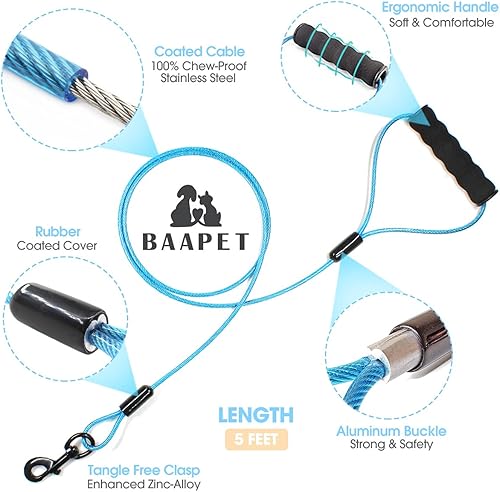Miniatura 2 de BAAPET Correa de perro a prueba de mordidas de 5 pies con cable de acero recubierto y correas de perro con mango acolchado suave para perros