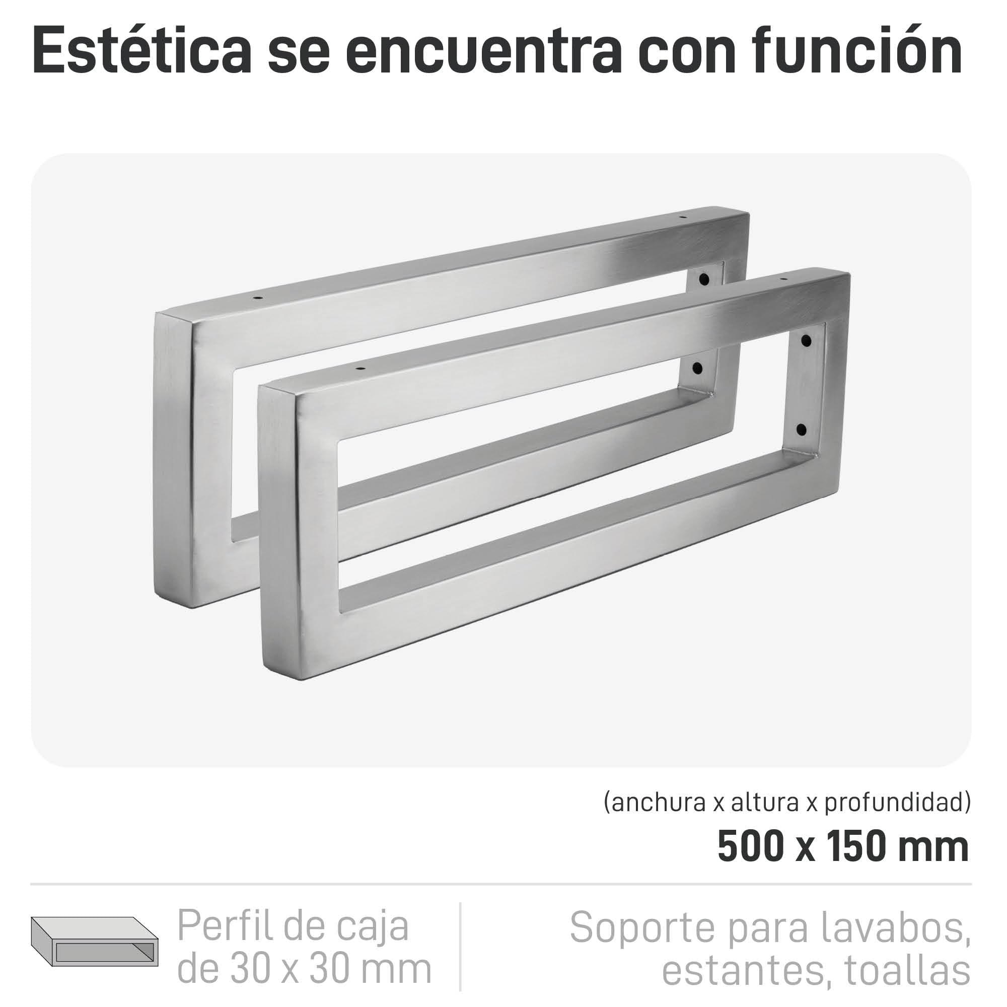 Natural Goods Berlin 2X Escuadras para Estanterías Rectangular | Soporte para Estante de Pared y Lavabo | Montaje en Pared Sencillo | Soporte de Acero Inoxidable | Toalleros de Baño | 500 mm