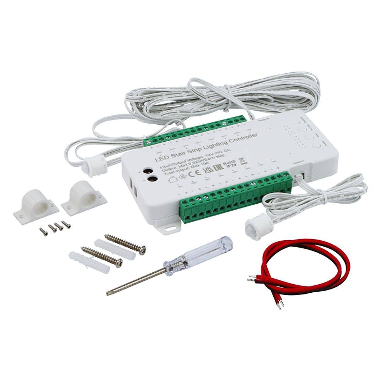 STEP Treppen-Stufen-Controller mit 2 PIR Sensoren | Automatische LED-Treppenbeleuchtung für bis zu 16 Stufen | 12V/24V DC | Einstellbare Helligkeit, Geschwindigkeit & Verzögerung | Weiß