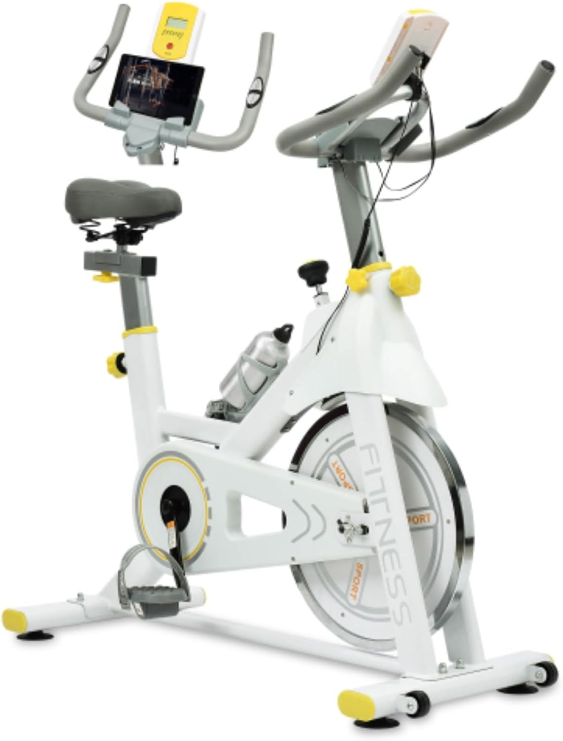 Fitness Bike, Spinning Bike, Indoor Exercise Bike, 4-way Padded Seat and Adjustable Resistance, Heavy-duty Steel Frame, Adjustable Non-slip Handlebars, Yellow + White