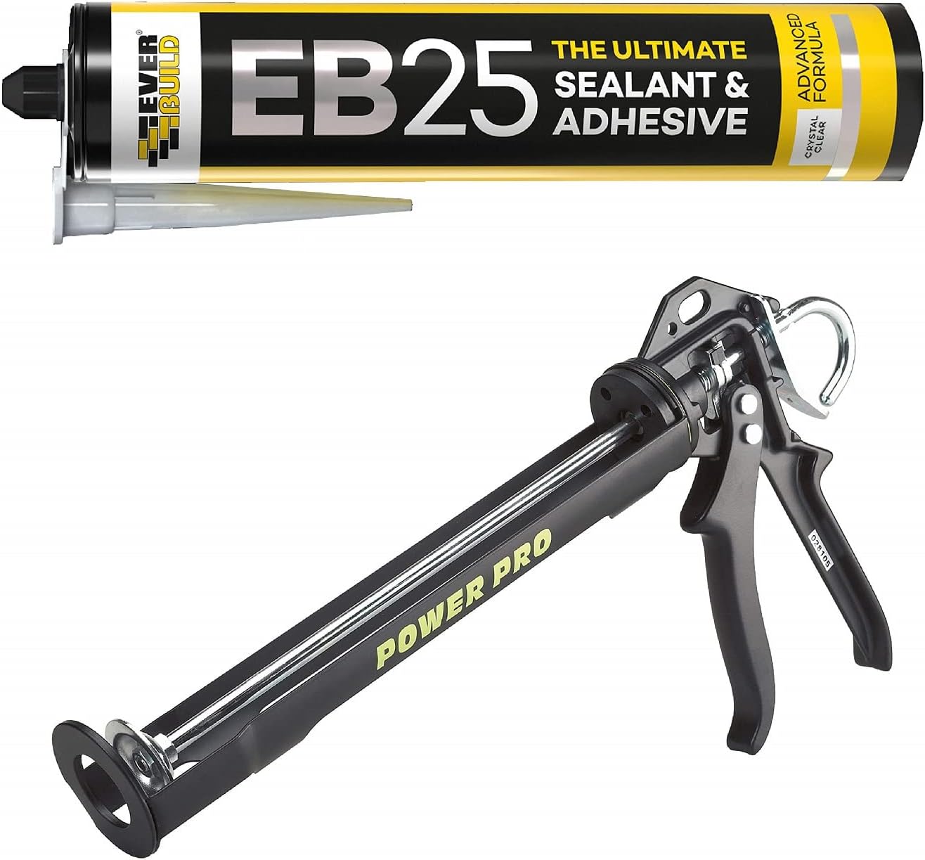Everbuild EB25 Sealant and Adhesive Clear, 300 ml with Power Pro Sealant Gun
