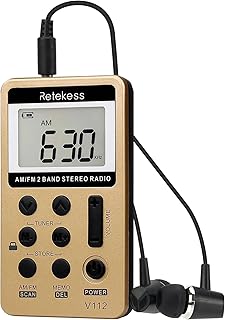 Retekess V112 Portable AM FM Radio, Pocket Radio with 3.5mm Earphone Jack, Mini Transistor Radio, Rechargeable Radio with Sleep Timer(Gold)