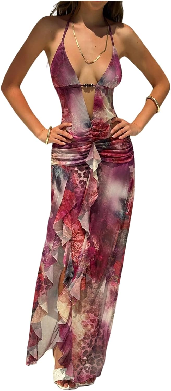 Floerns Women's Summer Cheetah Print Maxi Dress Cut Out Ruffle Hem Club Date Night Dresses