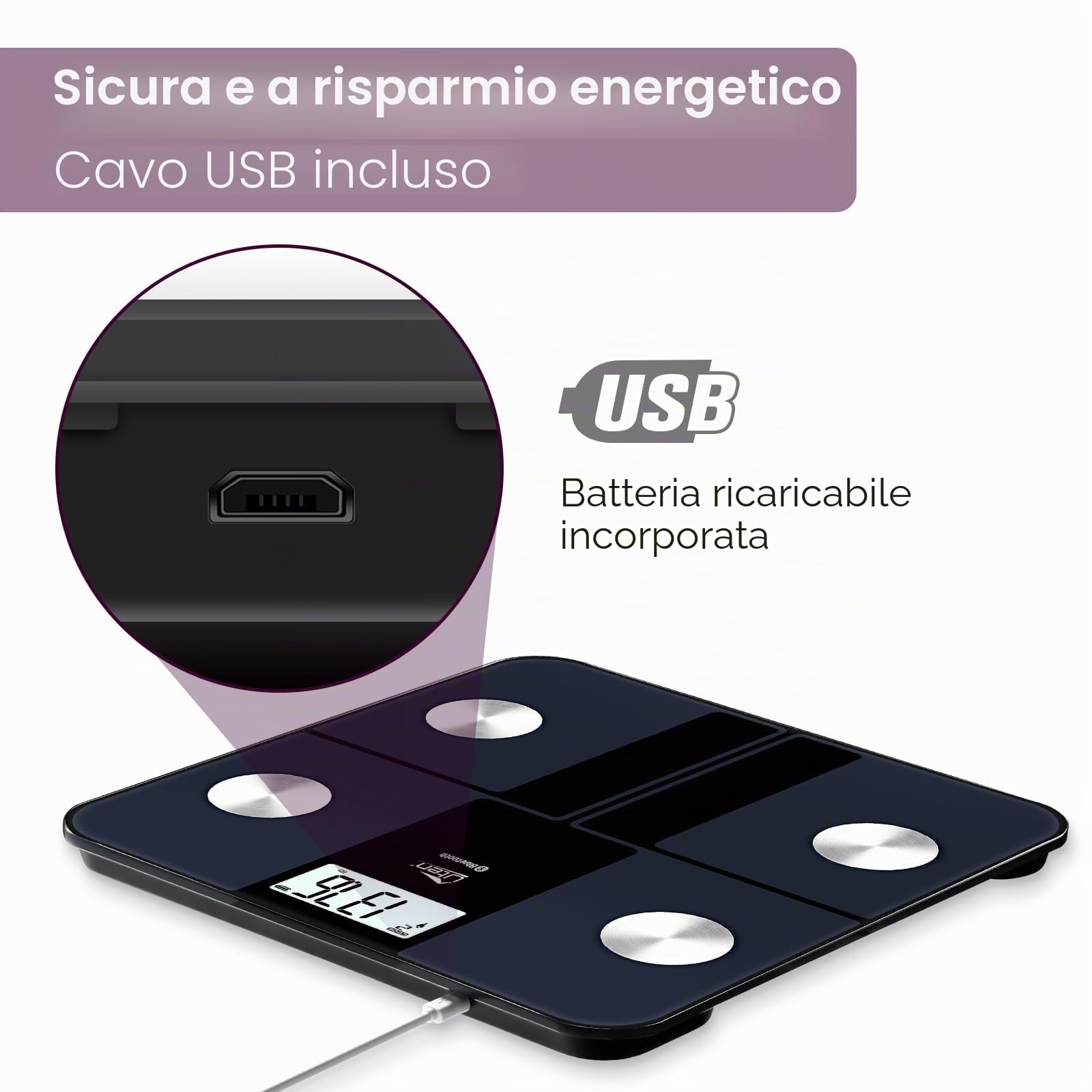 Uten Ricarica USB Bilancia Digitale, Bluetooth Pesapersone Bilancia Wireless Professionale Bilancia iOS Android per Dati Grasso Corporeo, Massa Muscolare, Metabolismo Basale, Massa Ossea