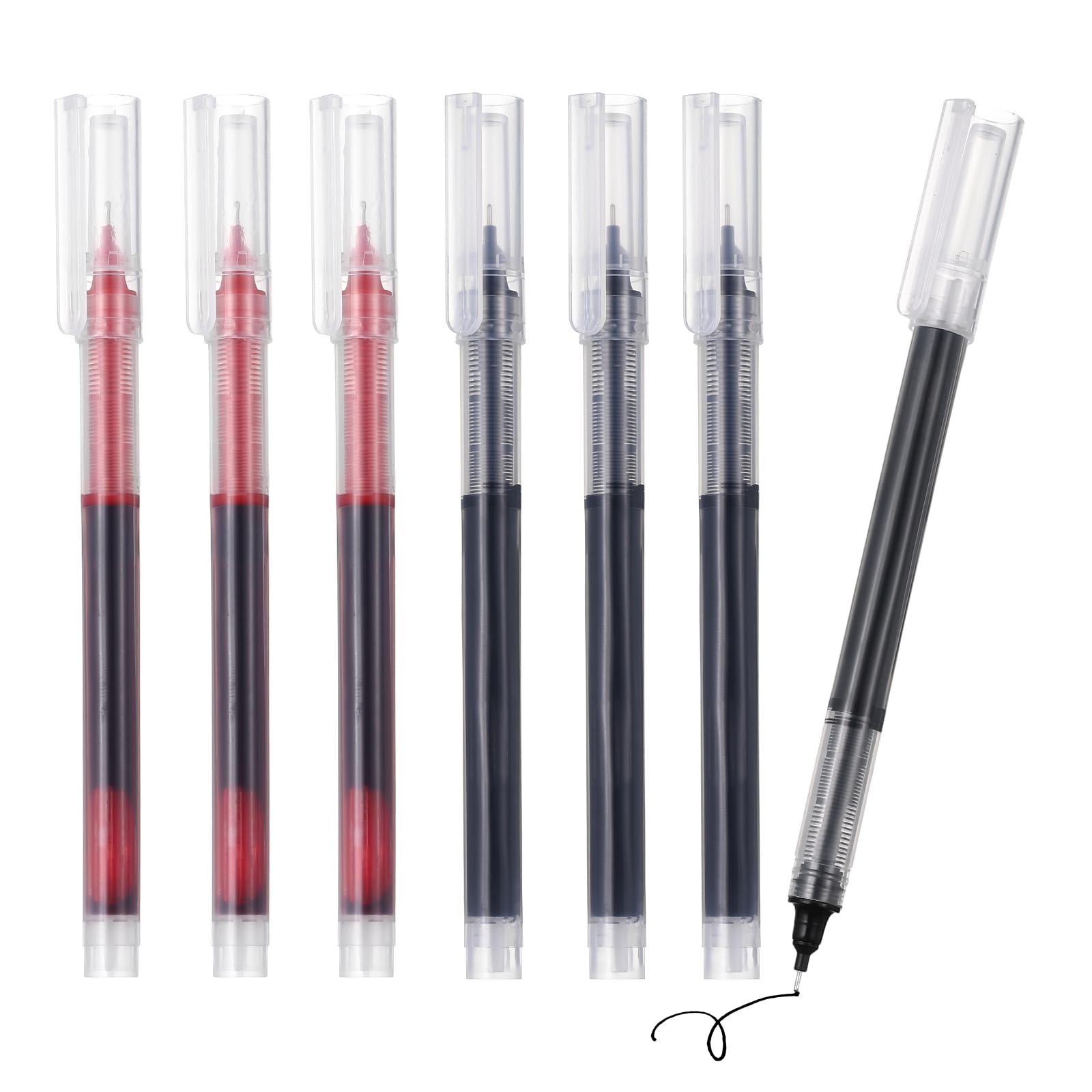 PATIKIL 6Pcs Liquid Ink Rollerball Pens, 0.5mm Fine Point Needle Tip Pens Smooth Writing Gel Ink Quick Dry Black/Red Ink for Office Note Taking Journaling, Transparent Plastic