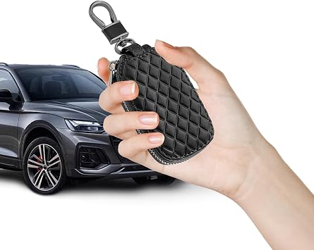 Key Fob Cover with Keychain, Key Fob Holder, Anti-Scratch Bag with Zipper, Leather Keychain Case Holder Fit Remote Key Black