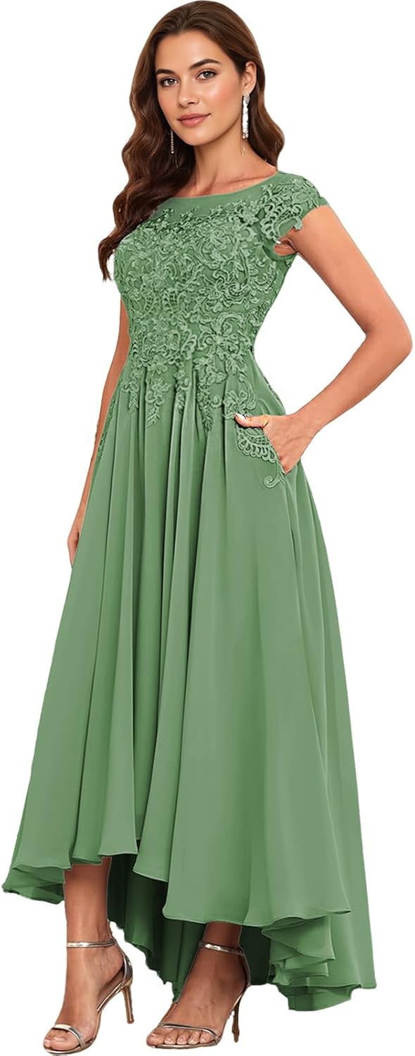 Lace Applique Chiffon Mother of The Bride Dresses for Wedding - Tea Length Formal Evening Gown for Women