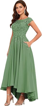Lace Applique Chiffon Mother of The Bride Dresses for Wedding - Tea Length Formal Evening Gown for Women