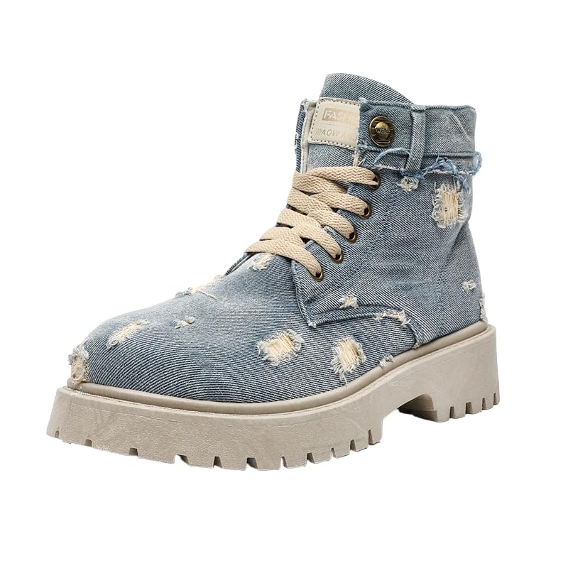 Men's Retro Denim High-Top Sneakers Durable Thick Sole Lace-Up Casual Shoes for Outdoor & Everyday Wear