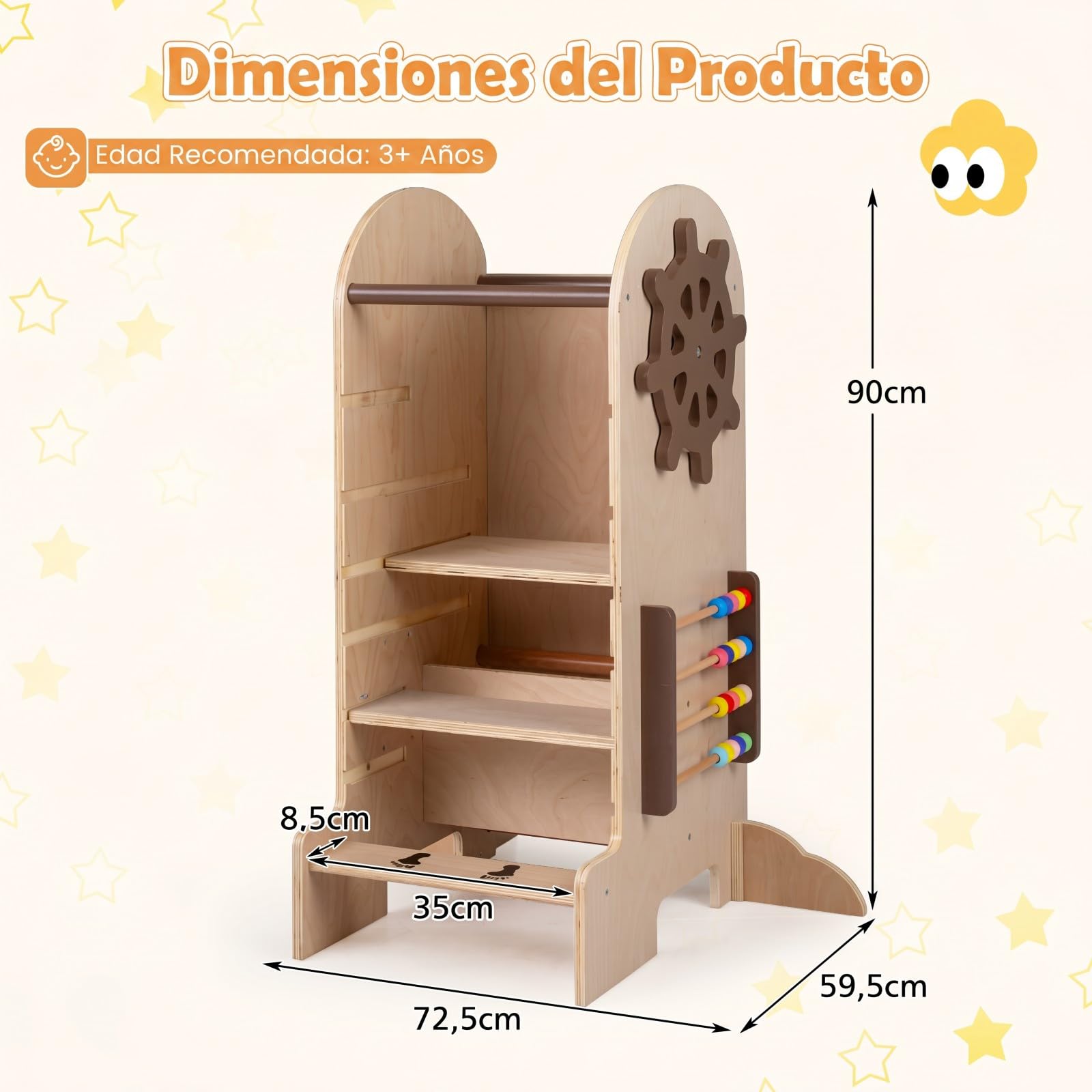 COSTWAY Torre de Aprendizaje Montessori para Niños, 4 en 1 Escalera Cocina Infantil con Altura Ajustable, Pizarra, Tobogán, Barras de Seguridad y Pies Antivuelco,Taburete de Madera para Niños 3+ Años