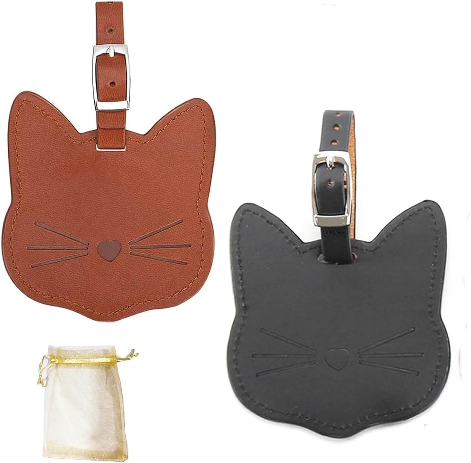 Cute Cat Shape Luggage Tags ID Label and Address Card, PU Leather Luggage Identification Tags for Travel Bag Suitcase Brown Black 2pcs