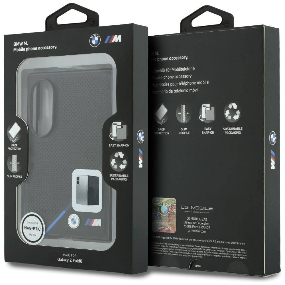 CG MOBILE BMW M Pelle Perforata Strisce Tricolore Loghi Metallo Compatibile con MagSafe Custodia per Samsung Galaxy Z Fold8 (Nero)