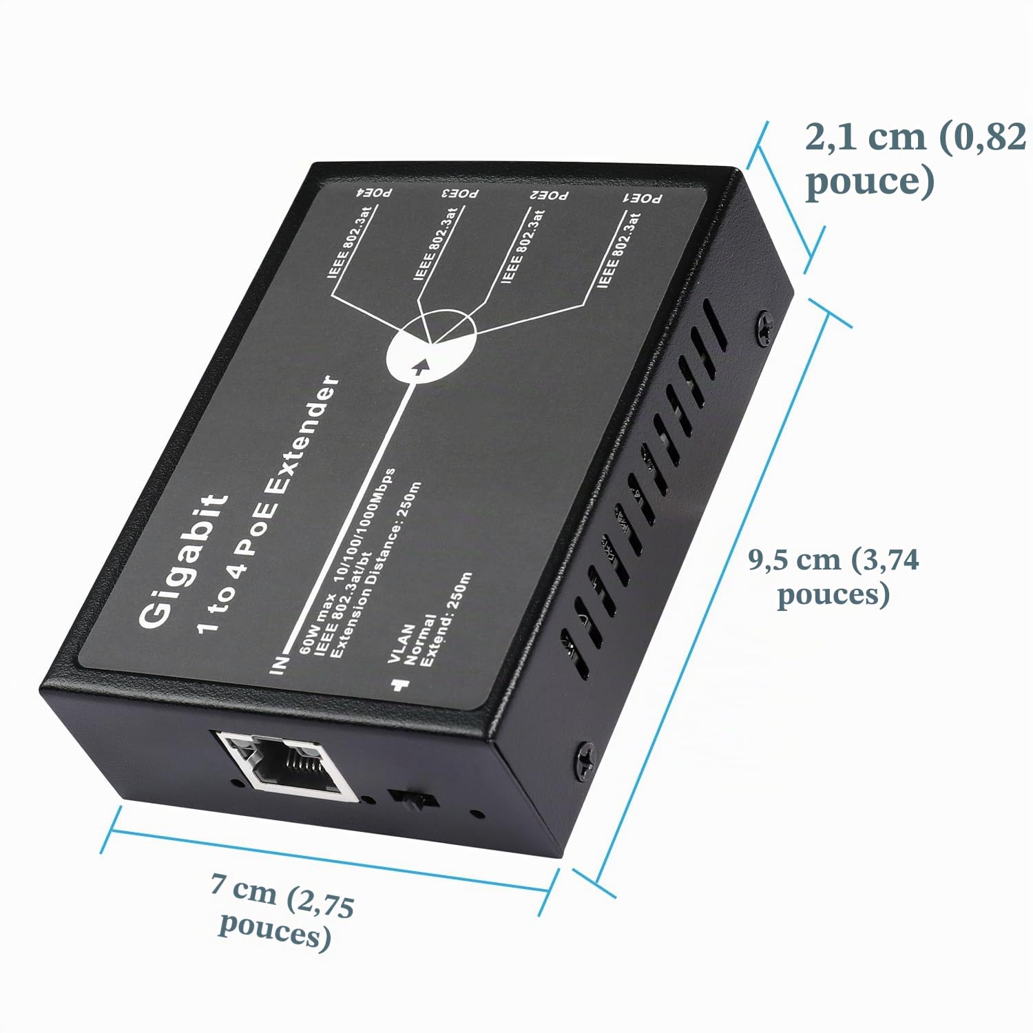 Revotech Gigabit 4 Port Extendeur 1000 Mbps 1 sur 4 POE+ Répéteur Entrée 802.3bt Sortie 30W 100m/250m