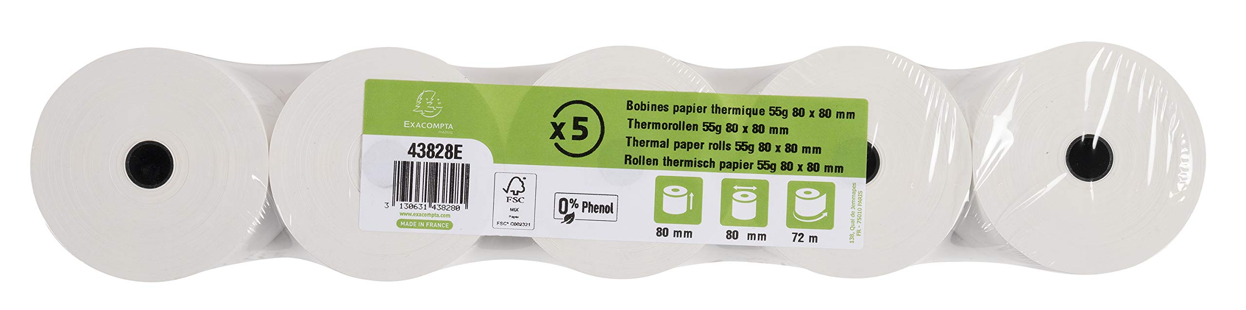 Exacompta - Réf. 43828E - Carton de 20 bobines pour tickets de caisse - largeur 80 mm x diamètre 70 mm - 1 pli thermique 48g/m² sans Phénol - Métrage (+ ou - 2m) : 72 m - Blanc