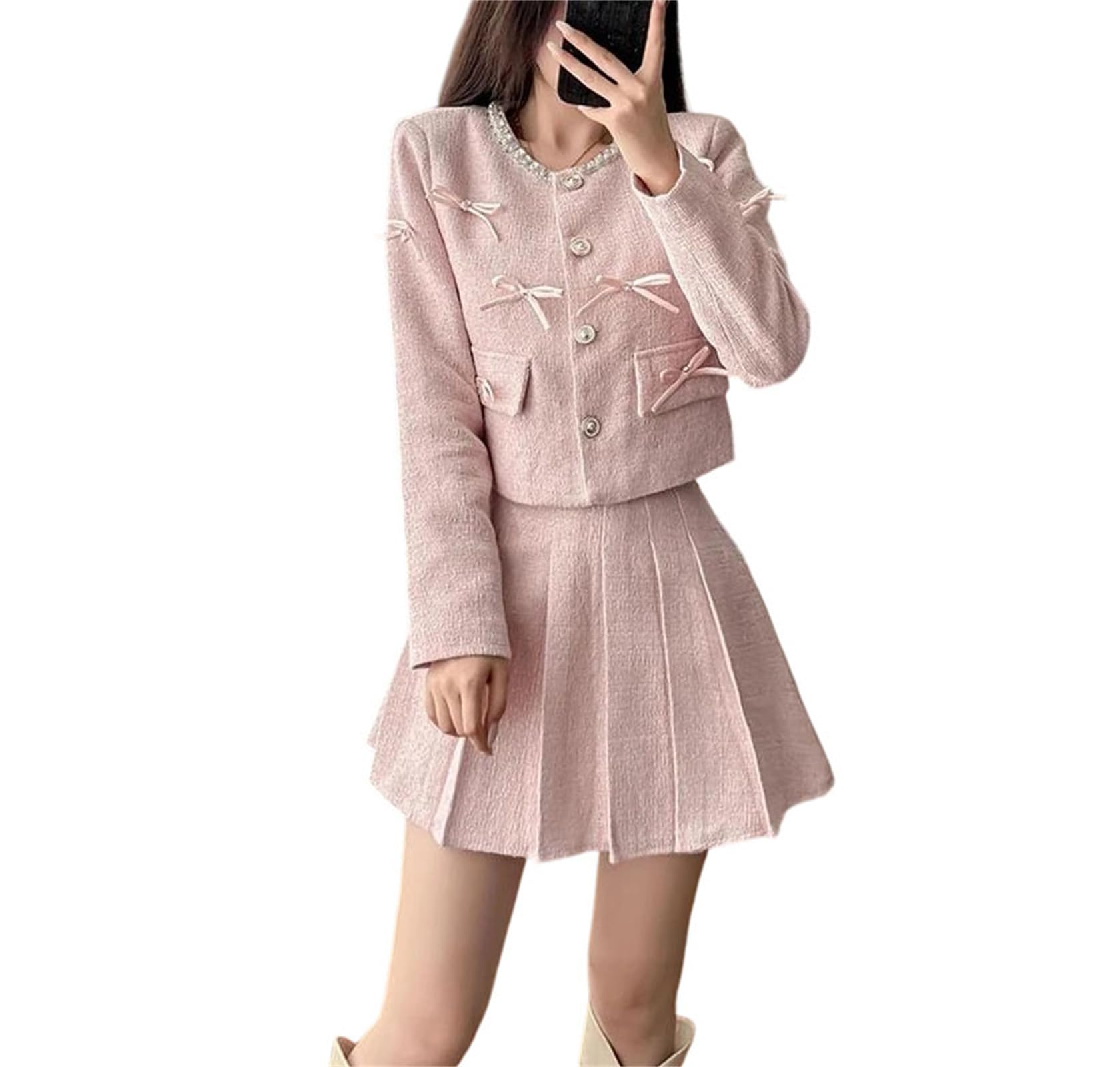 Womens Classic Beaded Short Jacket and Pleated Skirt Two Piece Tweed Set Elegant Outfit Formal for Party or