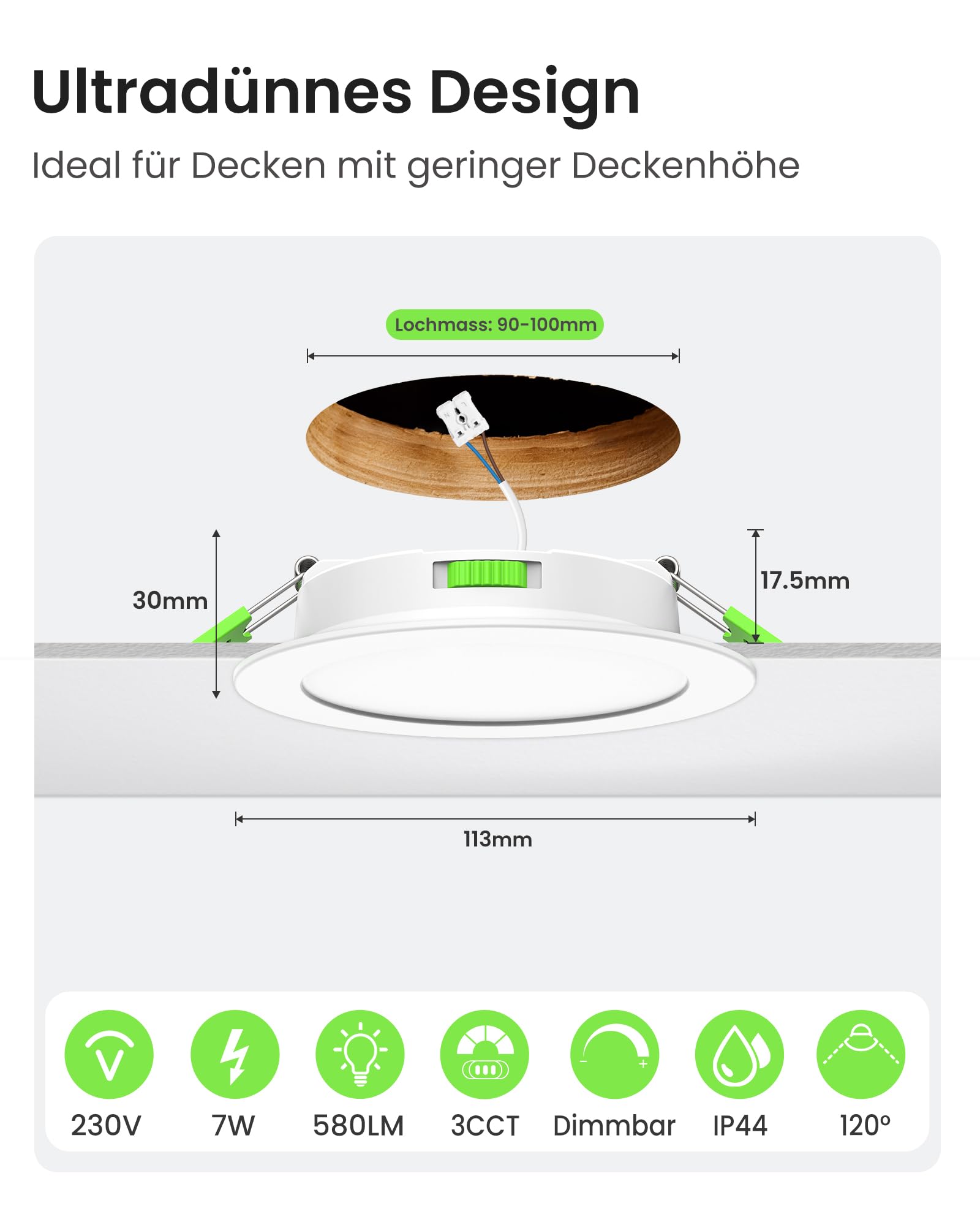 ALUSSO LED Einbaustrahler Ultra Flach 7W 230V Dimmbar 580lm 30mm Einbautiefe Warmweiß 3000K Neutralweiß 4000K Kaltweiß 6500K IP44 12er Set