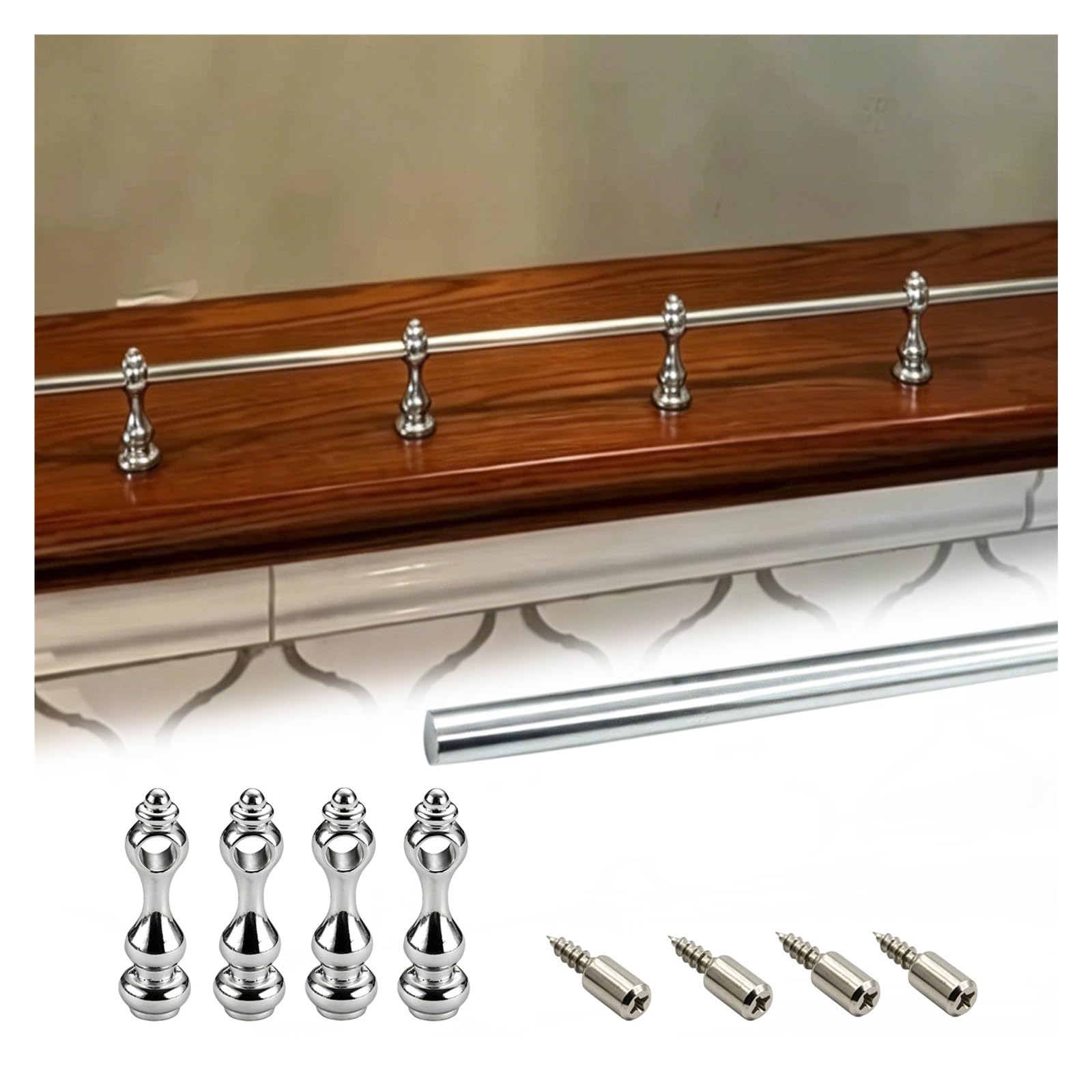 Shelf Decor Guardrail Set 20-158 cm, Dressing Tables Bedroom Flexible Anti-Fall Railing for Kitchen & Wine Rack Organizer，Custom Aluminum Cabinet Fence with Spindles(Silver,L 58.3"/148cm)