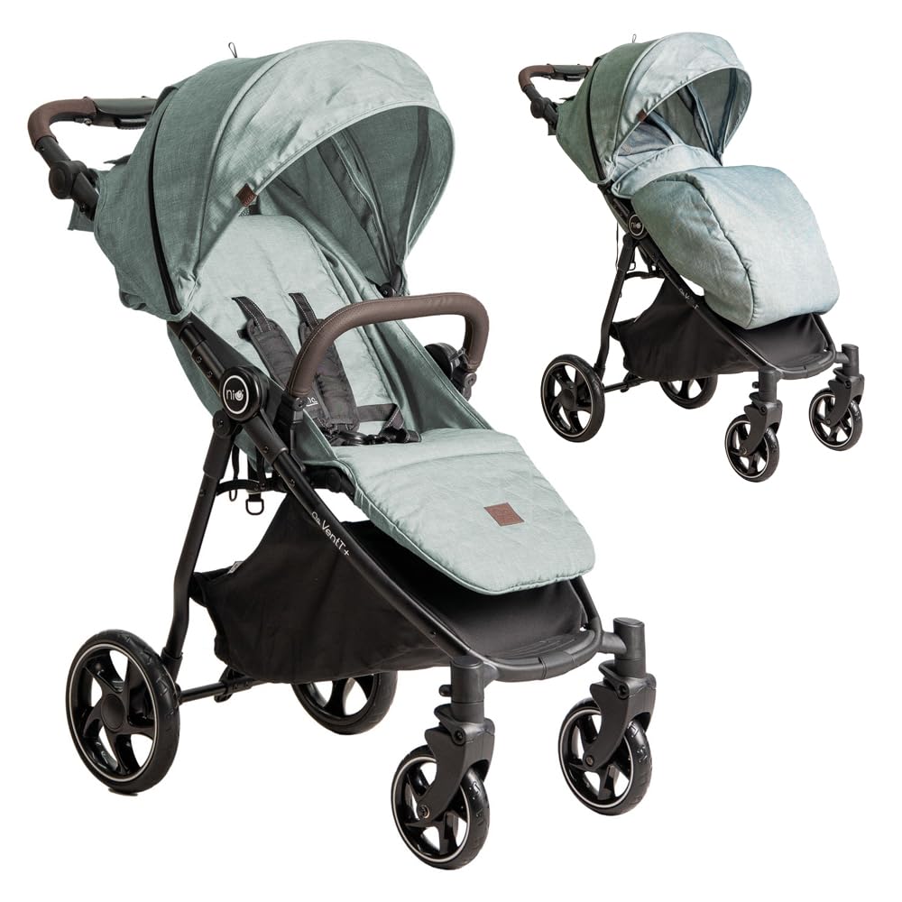 Niu – Silla de Paseo Cochecito de bebé VentT+ Capota XXL – Respaldo y Reposapiés ajustasble – Amortiguación 4 ruedas y chasis de aluminio – plegado compacto – Mosquitera y plástico de lluvia (Verde)
