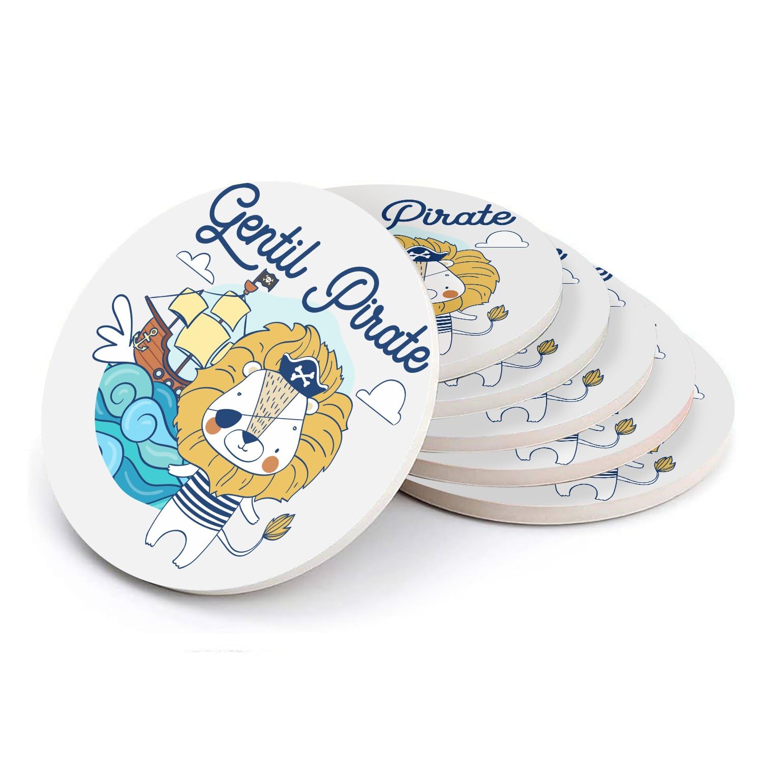 Sous verre ronds en céramique design lion pirate lot de 6 pièces 10x10 cm