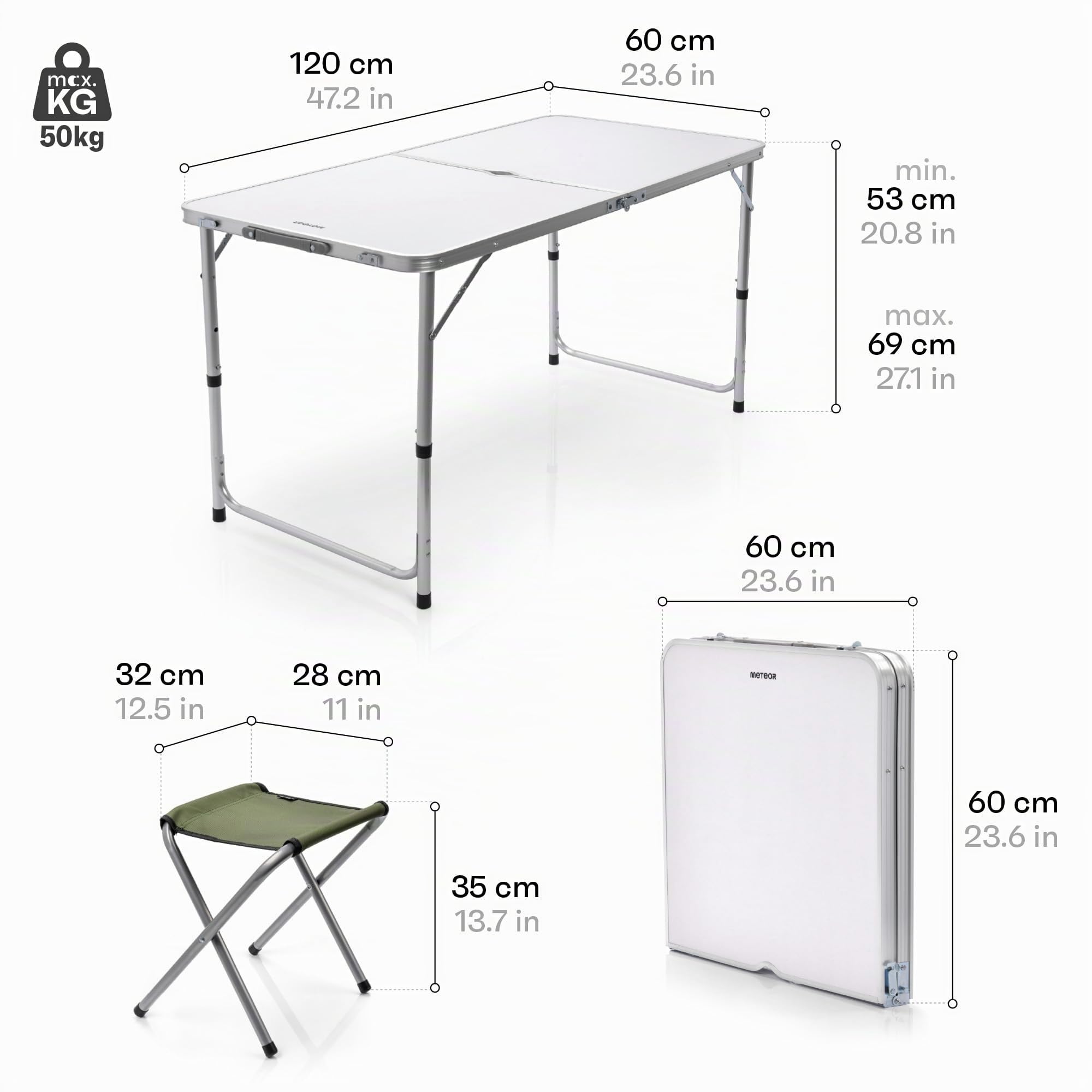 meteor Tavolo e Sedie Pieghevoli Portatile - Set Tavolino con 4 sgabelli - Campeggio Giardino Picnic Camping Spiaggia Terrazza Viaggi - Pesta