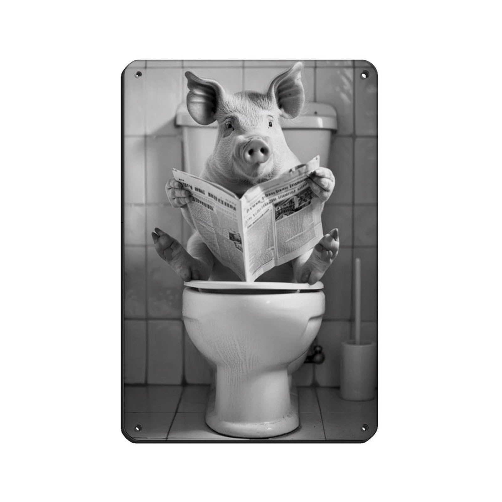Pig Sitting on The Toilet Reading A Newspaper Retro Poster Metal Tin Sign Chic Art Retro Iron Painting Bar People Cave Cafe Family Garage Poster Wall Decoration 8x12inch(20x30cm)