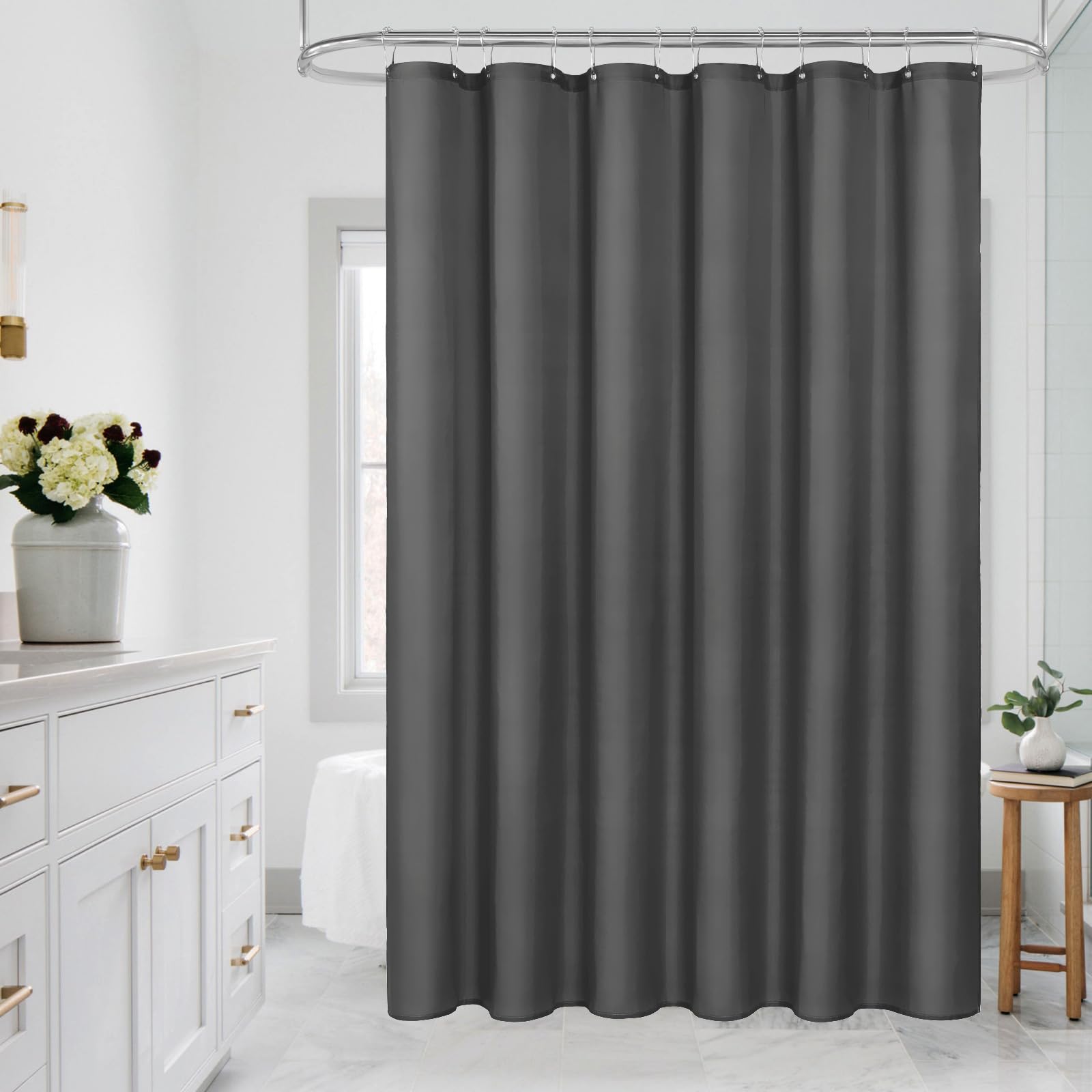 MitoVilla Extra Long Shower Curtain Liner - 72 x 84 Inches, Dark Grey Shower Liner Fabric with Plastic Hooks, Waterproof Bath Curtain Liner Polyester