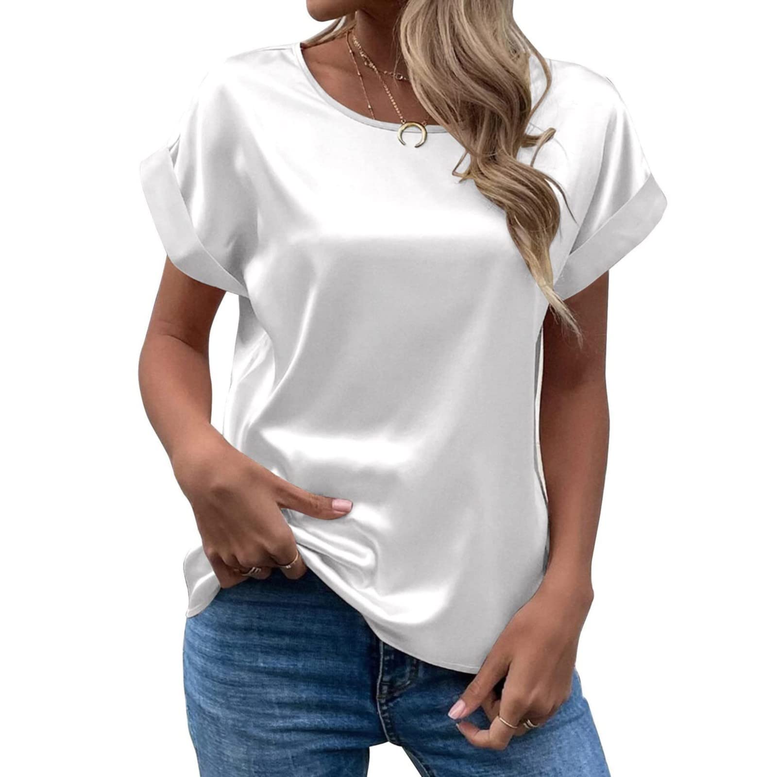 Women's Short Sleeve Satin Blouses Casual Loose Crewneck Silk Shirts Roll Up Sleeve Tunic Tops S-XXL(White,XX-Large) — image 1