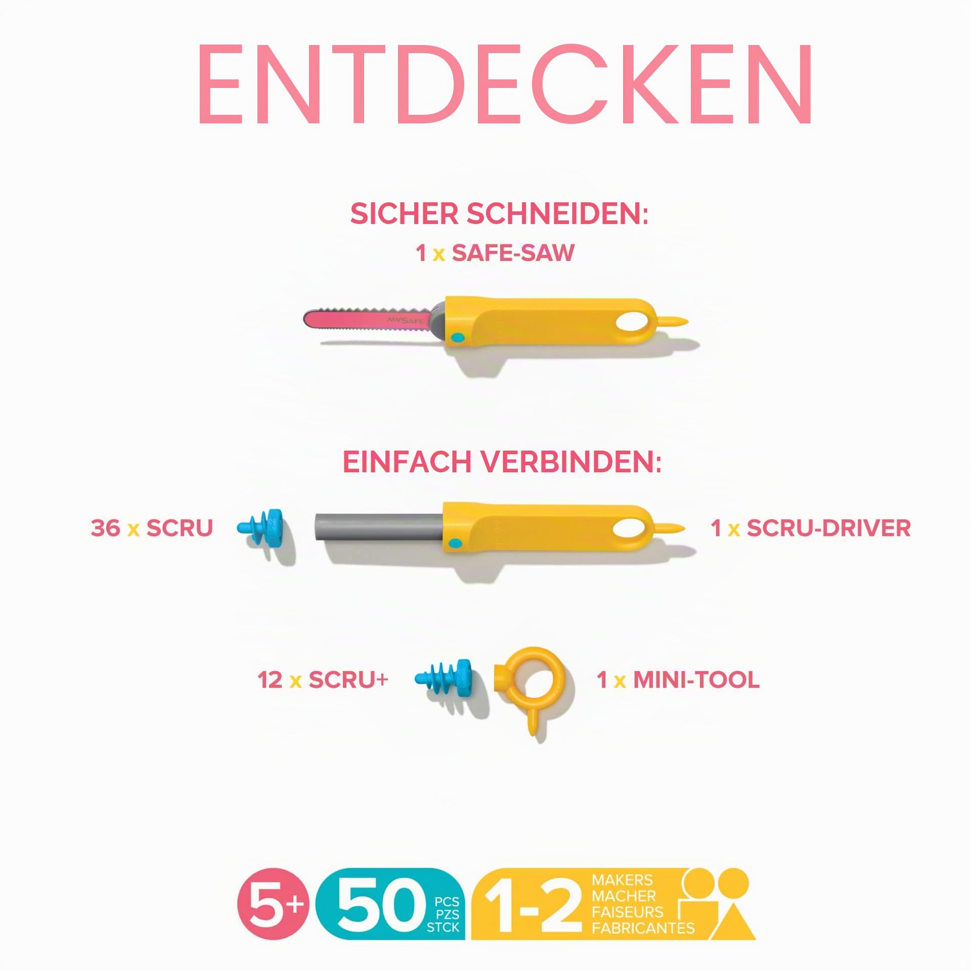 Makedo Explore | Werkzeugset aus recycelter Pappe im kleinen Werkzeugkasten (50 Teile) | STEM- und STEAM-Lernspielzeug für Zuhause und Schule