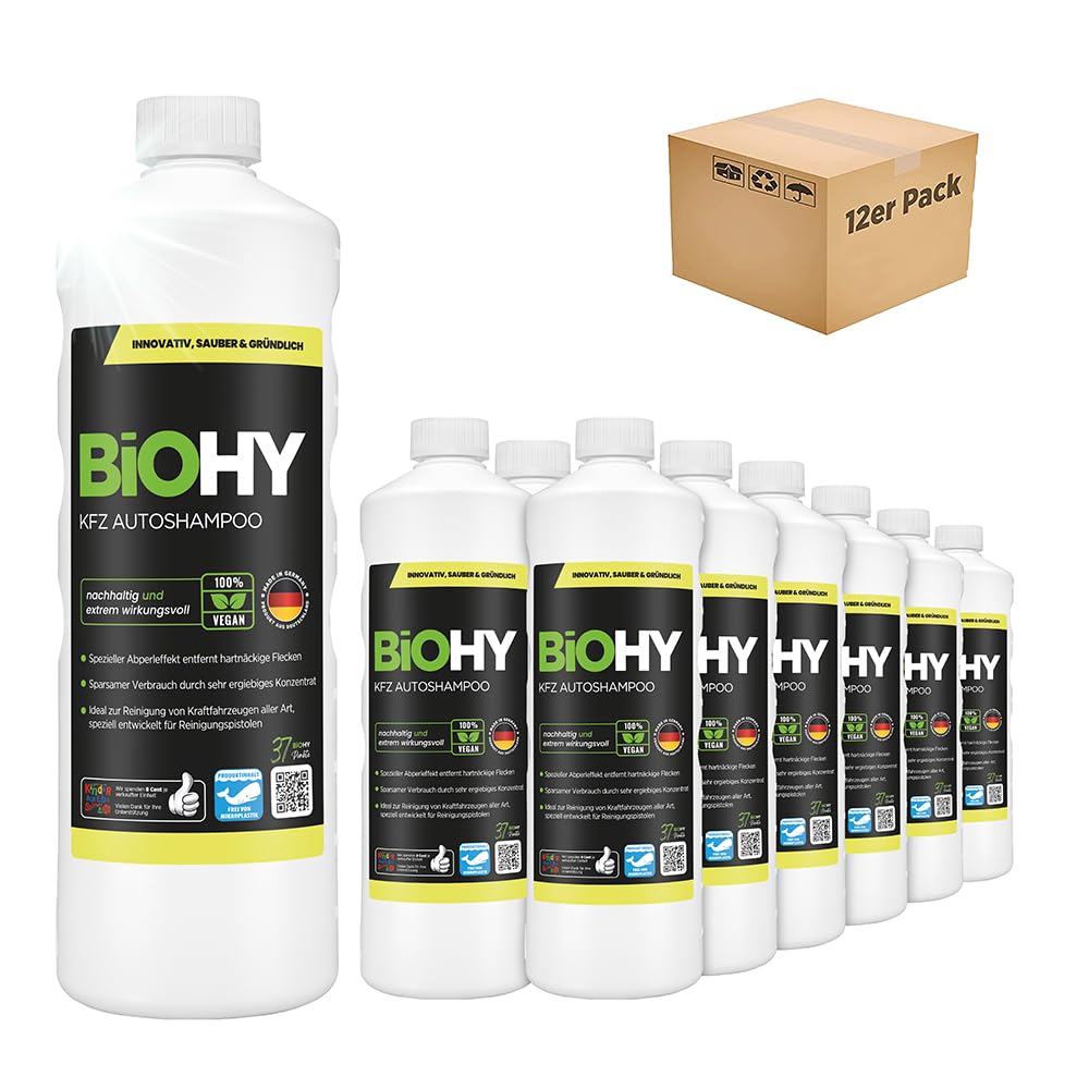 BiOHY Szampon samochodowy (12 x butelka 1l) | KONCENTRAT doskonała siła czyszczenia i pienienie | Ochronny efekt perlenia | Tworzy trwały, świeży zapach (KFZ Autoshampoo)