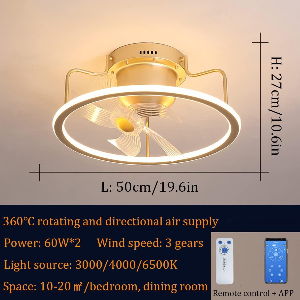 YUEGOO Ceiling Fans with Lamps,50Cm Ceiling Fan with Lighting, Led Dimmable Ceiling Fan Lights 360° Shaking Head Mute Fan Ceiling Lamp for Living Room Bedroom Dining Room/D