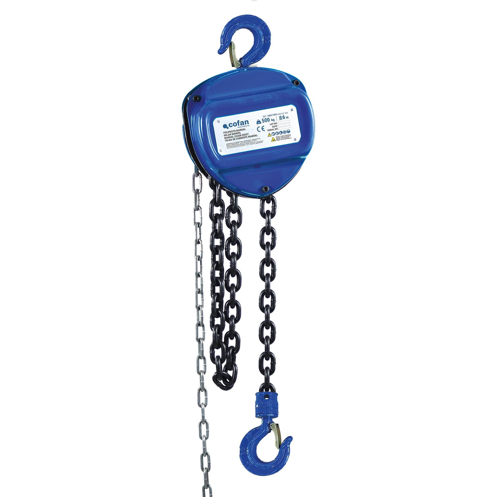 Cofan Polipasto de cadena manual | Altura de elevación: 6 m | Capacidad de carga: 500, 1000, 2000, 3000 o 5000 kg | Color: azul | Gancho resistente (Azul, Carga 1000 kg)