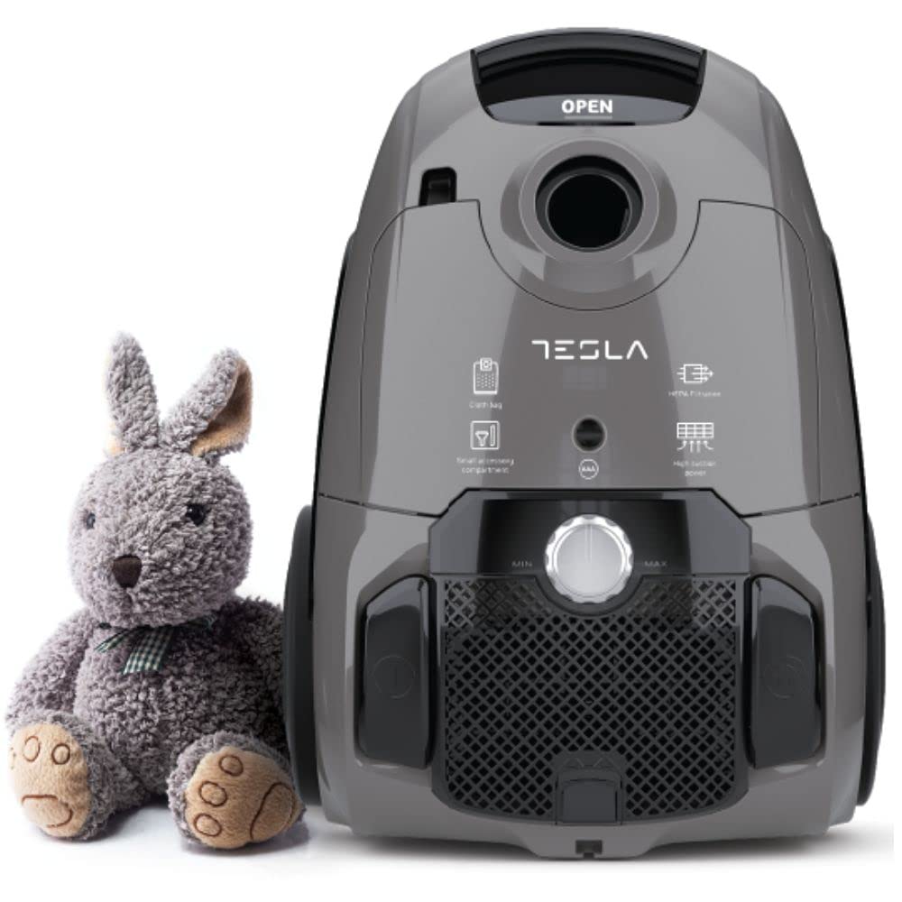 TESLA Aspirador de Trineo con Bolsa BG300G - 800W, Depósito 3,5L, Silencioso 76dB, Filtro HEPA, Indicadores LED, Cepillo Estandar y Parquet, Boquilla 2 en 1, Radio de Trabajo de 8m, Color Gris