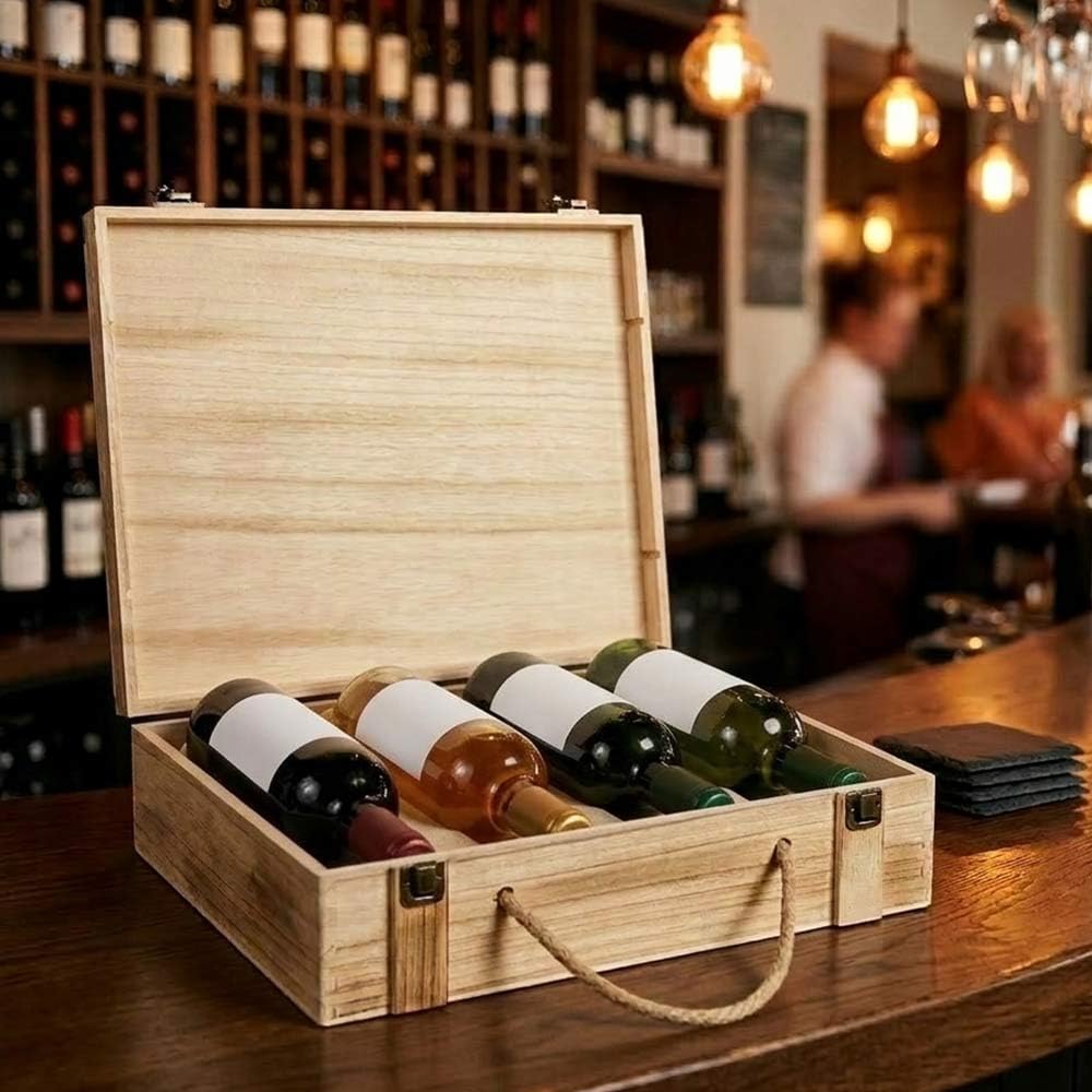 OKAFFAREFATTO MADDALONI 3 cajas de madera para cuatro botellas con asa y cierre de metal