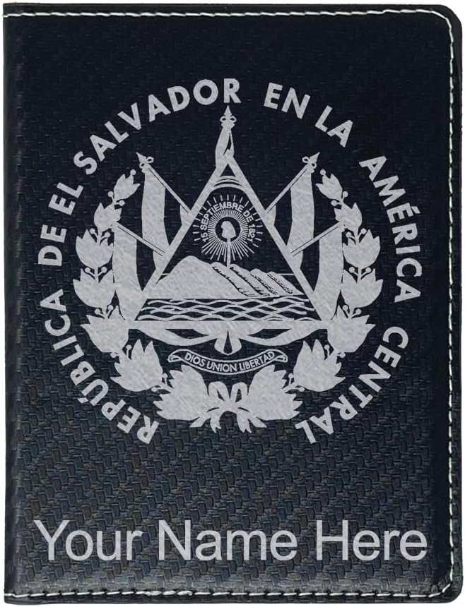 LaserGram Faux Leather Passport Holder, Flag of El Salvador, Personalized Engraving Included (Black with Gold)