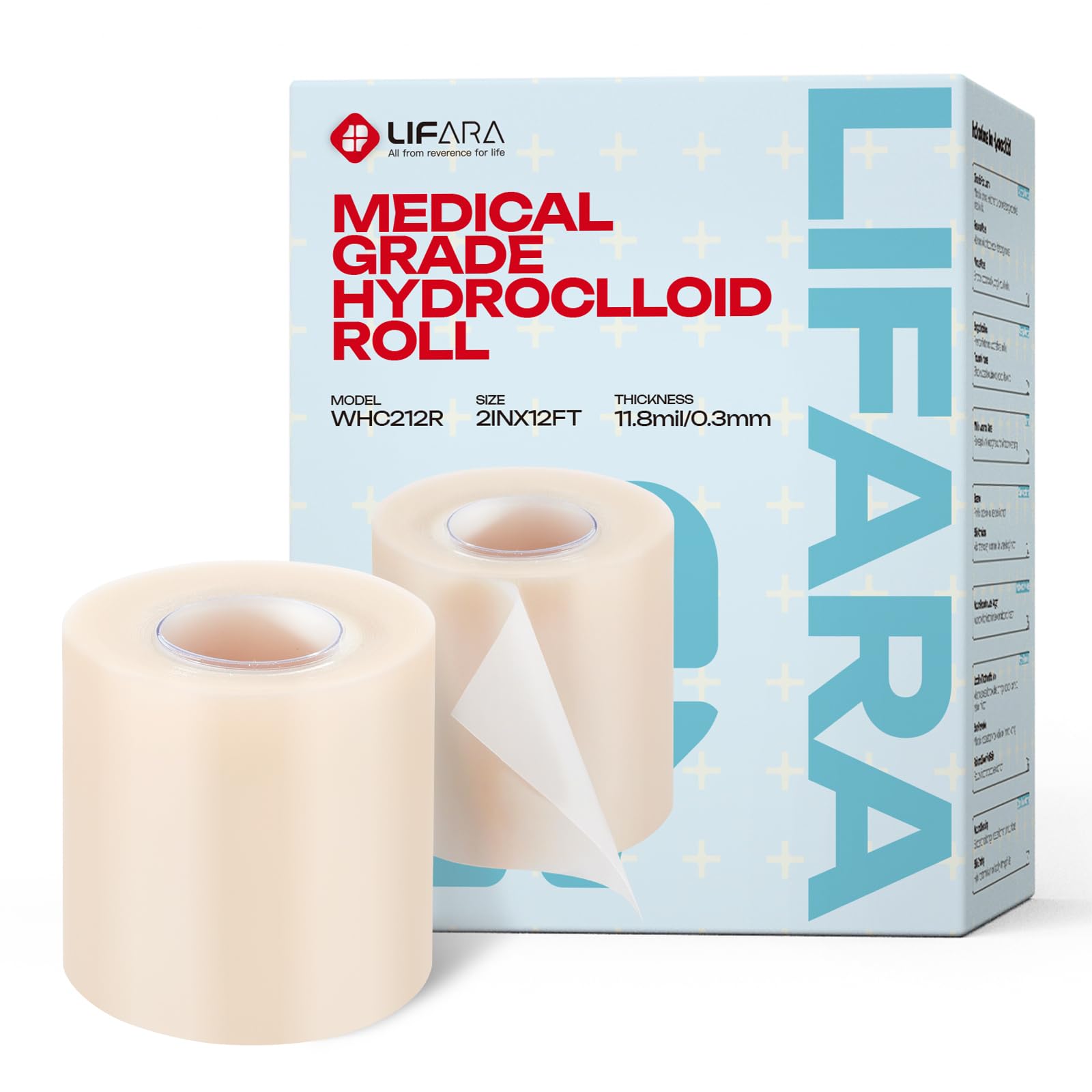 LIFARA Hydrocolloid Roll for Wound Care - Cut-to-Size, Hydrocolloid Patch Bandages with Self-Adhesive, Ultra Absorbent &amp; Waterproof, First Aid Kit Essential (11.8mil/ 0.3mm Thickness, 2in*12ft)