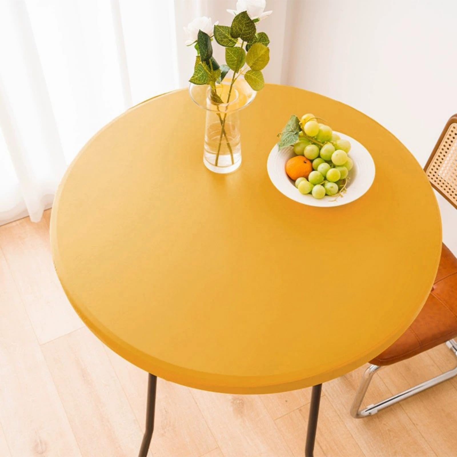 Odot Round Tablecloth Waterproof Wipe Clean 60-140cm, PU Leather Round Outdoor Table Cover Fitted Elastic Edged Circle Table Cloth Protector Decorative for Kitchen Dining Room (Yellow,110cm)